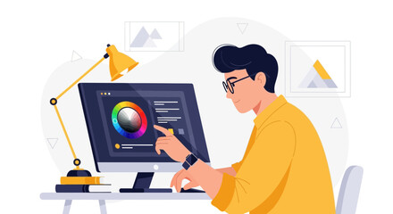 Illustration of a Graphic Designer Working on a Computer with a Color Palette