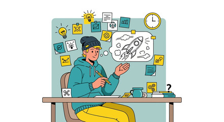 Illustration of a Man brainstorming ideas to launch a rocket ship startup