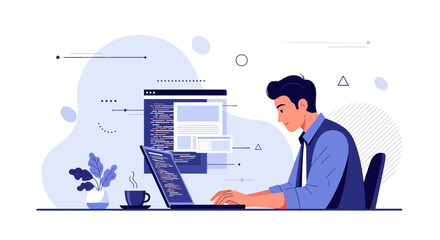 Illustration of a Man Coding on a Laptop with Coffee and Plant at Desk Workstation