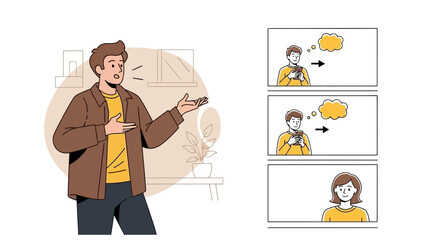 Illustration of a man presenting, ideas, and communication in a modern flat design style
