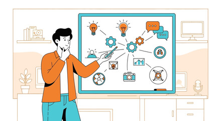 Illustration of a Man Presenting a Business Plan or Idea on a Whiteboard