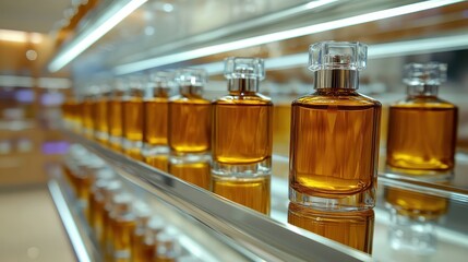 Elegant perfumes displayed on a mirrored shelf with reflections