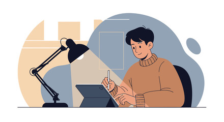 Illustration of a man working on a tablet with a pen under a desk lamp