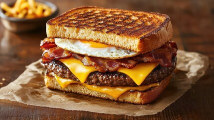 Burger with egg bacon and cheese on toasted bread
