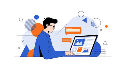 Illustration of a Man Working on a Laptop, Modern Design with Abstract elements