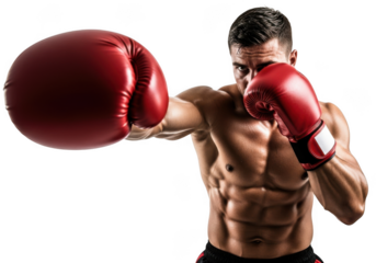 Powerful boxer punching with red boxing gloves, muscular man training, fitness and sports concept, transparent background, isolated on transparent background