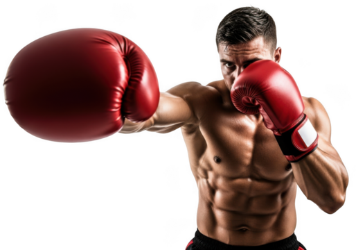 Powerful boxer punching with red boxing gloves, muscular man training, fitness and sports concept, transparent background, isolated on transparent background