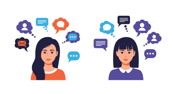Two women engaged in digital communication and social networking, depicted with thought bubbles containing message and user icons.