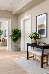Naklejka premium Modern apartment hallway featuring Scandinavian minimalist interior design