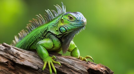 Fototapeta premium Green Iguana Basking on a Branch in Natural Sunlight