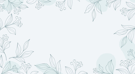 Delicate line art illustration of botanical elements like leaves and berries forming a frame on a soft grey background with abstract shapes.
