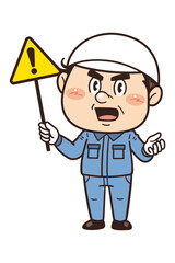 【注意】工場や現場で働く作業員が警告標識を持つイラスト｜不安全行動・不安全状態・労働災害