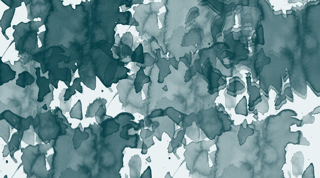 Deep teal blue watercolor ink splashes and streaks on white canvas abstract background texture pattern