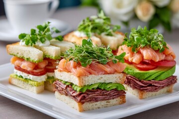 Assortment of gourmet finger sandwiches for afternoon tea