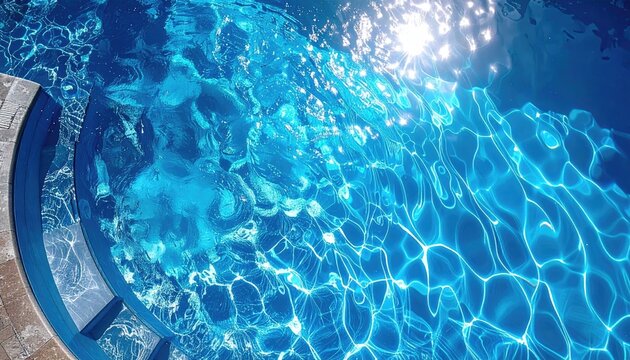 Bright blue swimming pool water shimmering with sunlight reflecting off the surface near the pool steps on a clear sunny day