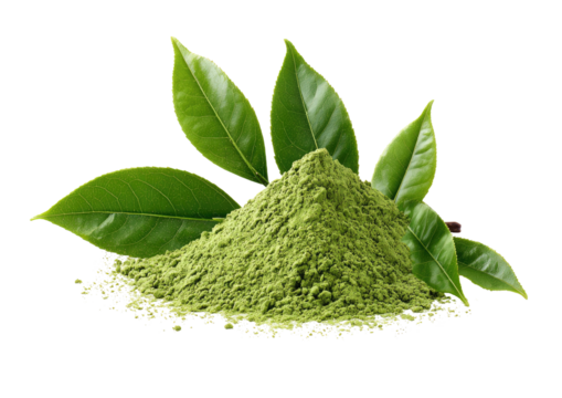 Green powder mound with fresh leaves (1)