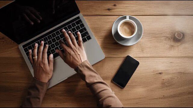 Modern Workspace Flat Lay: Laptop, Espresso Coffee Cup, and Smartphone on Rustic Wooden Desk.