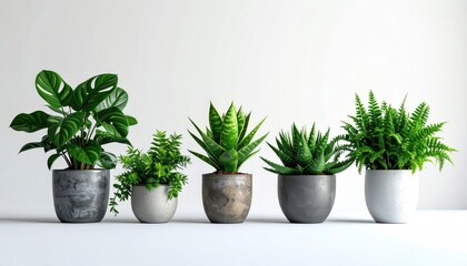 Obraz premium Assortment Of Potted Green Houseplants On A White Surface With Neutral Background In Natural Daylight