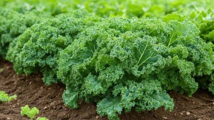 Close up of vibrant green kale plant growing in the garden