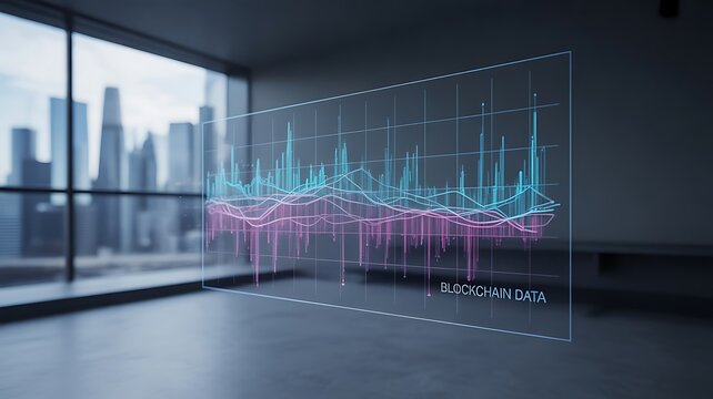 Holographic financial chart with city skyline data