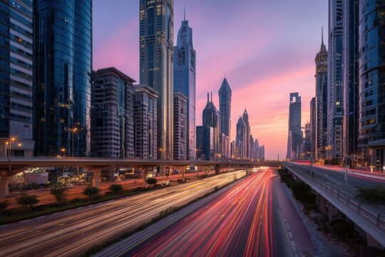 Cityscape at dawn with vibrant sky and motion blur of traffic