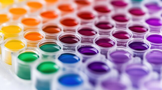 Colored liquid solutions in plastic cuvettes for scientific analysis