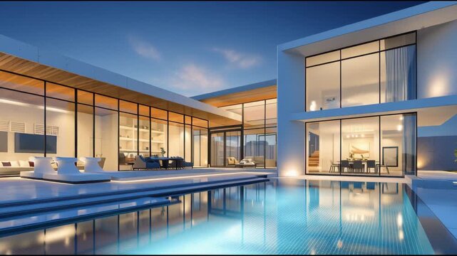 Modern Luxury Villa Exterior with Infinity Pool and Illuminated Glass Facade at Twilight
