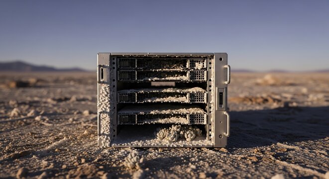 A server covered in salt stands in a desolate desert landscape, symbolizing data loss, environmental impact, and the fragility of technology
