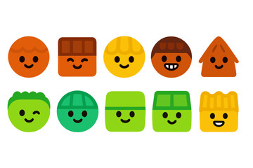 Fun and colorful character faces displayed in a playful arrangement showcasing smiles and expressions