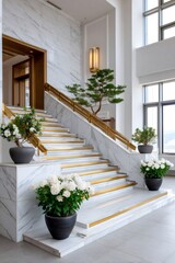Naklejka premium Marble staircase with golden accents and potted plants