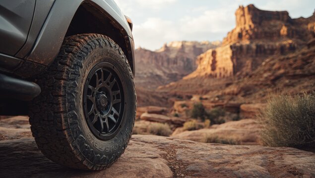 Rugged off-road vehicle in desert canyon