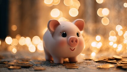 Cute piggy bank in front of bokeh lights and coins