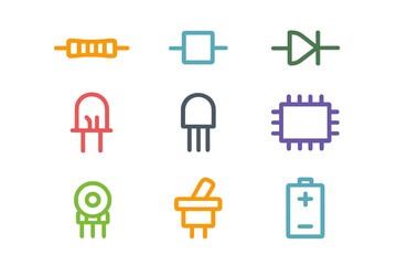 Colorful electronic components arranged in a grid, showcasing various parts such as resistors, diodes, and chips