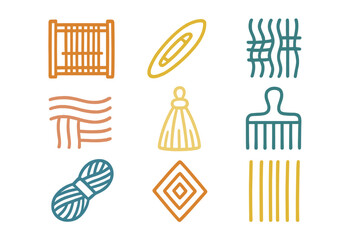 Patterns of weaving and crafting tools displayed in bright colors on a white background