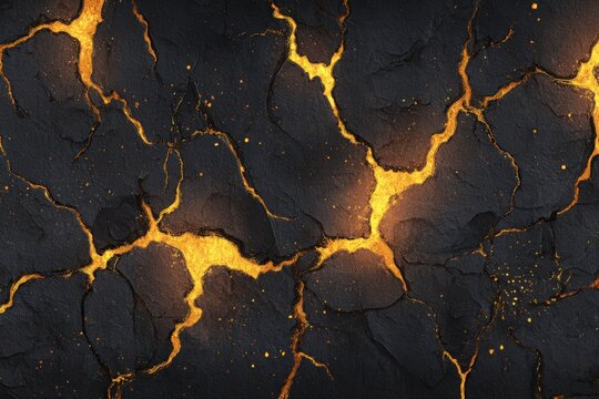 Molten gold cracks in dark rock - Powered by Adobe