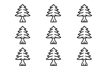 Multiple outlined pine trees arranged in a grid with a clean white background for simple design or children's activities