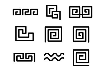 Patterns in black and white representing geometric designs and loops in various forms and arrangements
