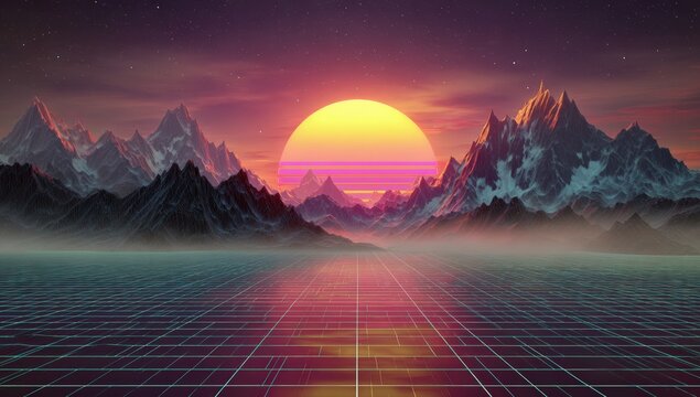 Retro-futuristic sunset over snowy mountains