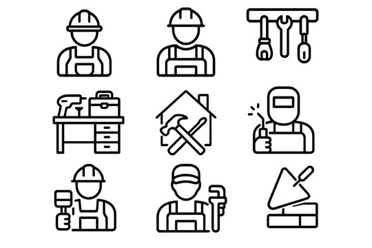 Various construction workers and tools in a grid layout showcasing different trades and activities related to building and repairs - Powered by Adobe