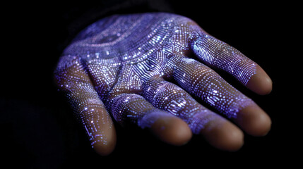 Human palm illuminated with glowing bioluminescent circuit pattern, violet to pearl gradient, symbolizing technology, connectivity, energy, and the fusion of human and digital life.
