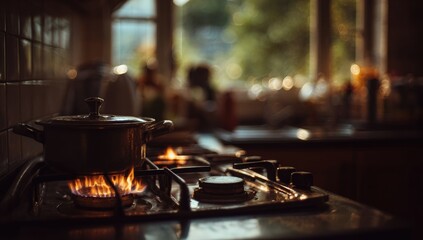 Kitchen stovetop with a pot on the flame