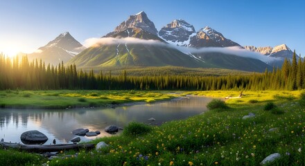 A scenic landscape with mountains, a river, trees, and wildflowers under a clear blue sky at sunrise