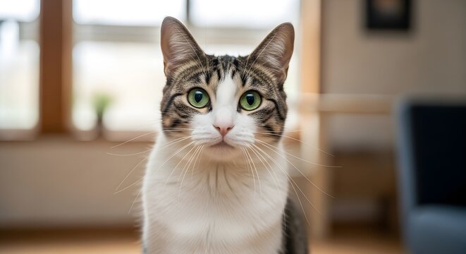 Close up portrait of a tabby cat with green eyes looking directly at the camera in a home setting