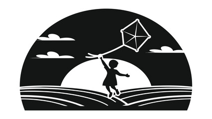 Joyful child leaps with kite soaring high against a radiant sunset over rolling fields