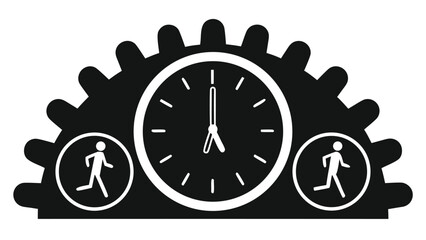 Dynamic business concept with running figures around a clock face within a gear mechanism