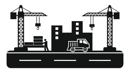 Construction workers and cranes build modern city skyline, symbolizing progress and development