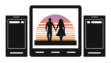 Couple holding hands against vibrant sunset scene on digital device flanked by phones
