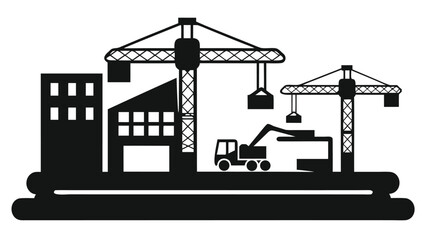 Dynamic construction scene with cranes, buildings, and excavators creating urban development projects.