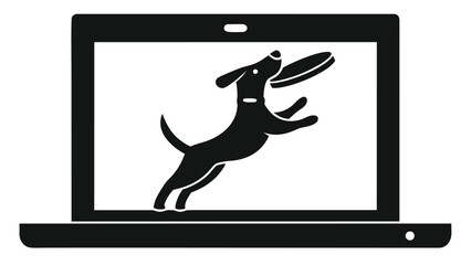 Energetic dog leaps for frisbee on modern laptop screen, perfect for tech and pet themes