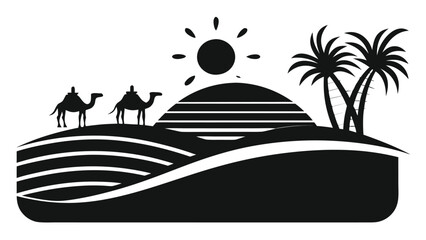 Adventurous camels trek across desert dunes under a bright sun with palm trees